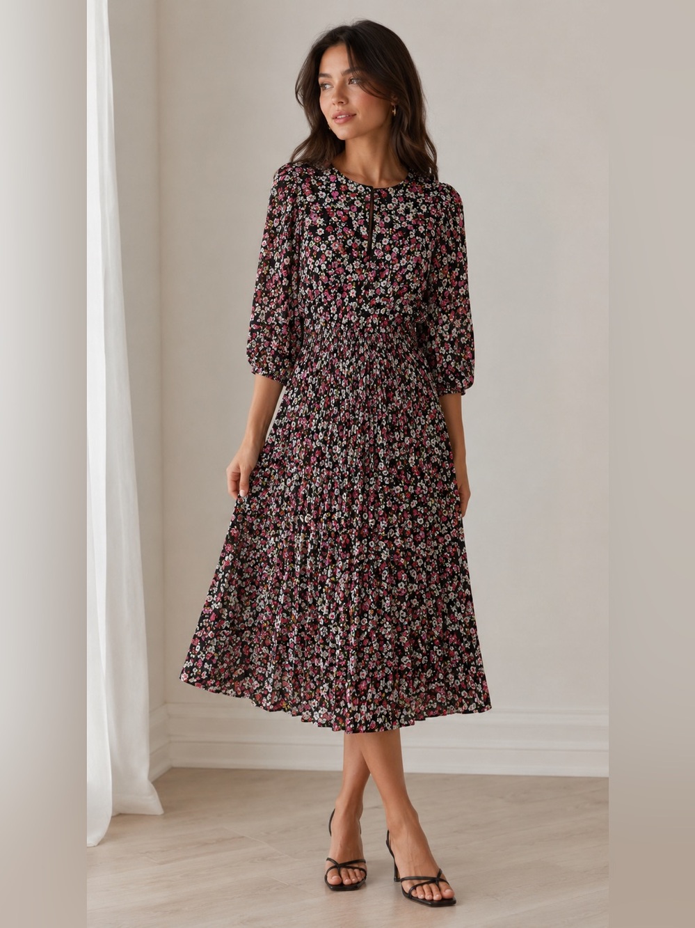 H&M Black Floral Midi Dress with Pink & White Accents